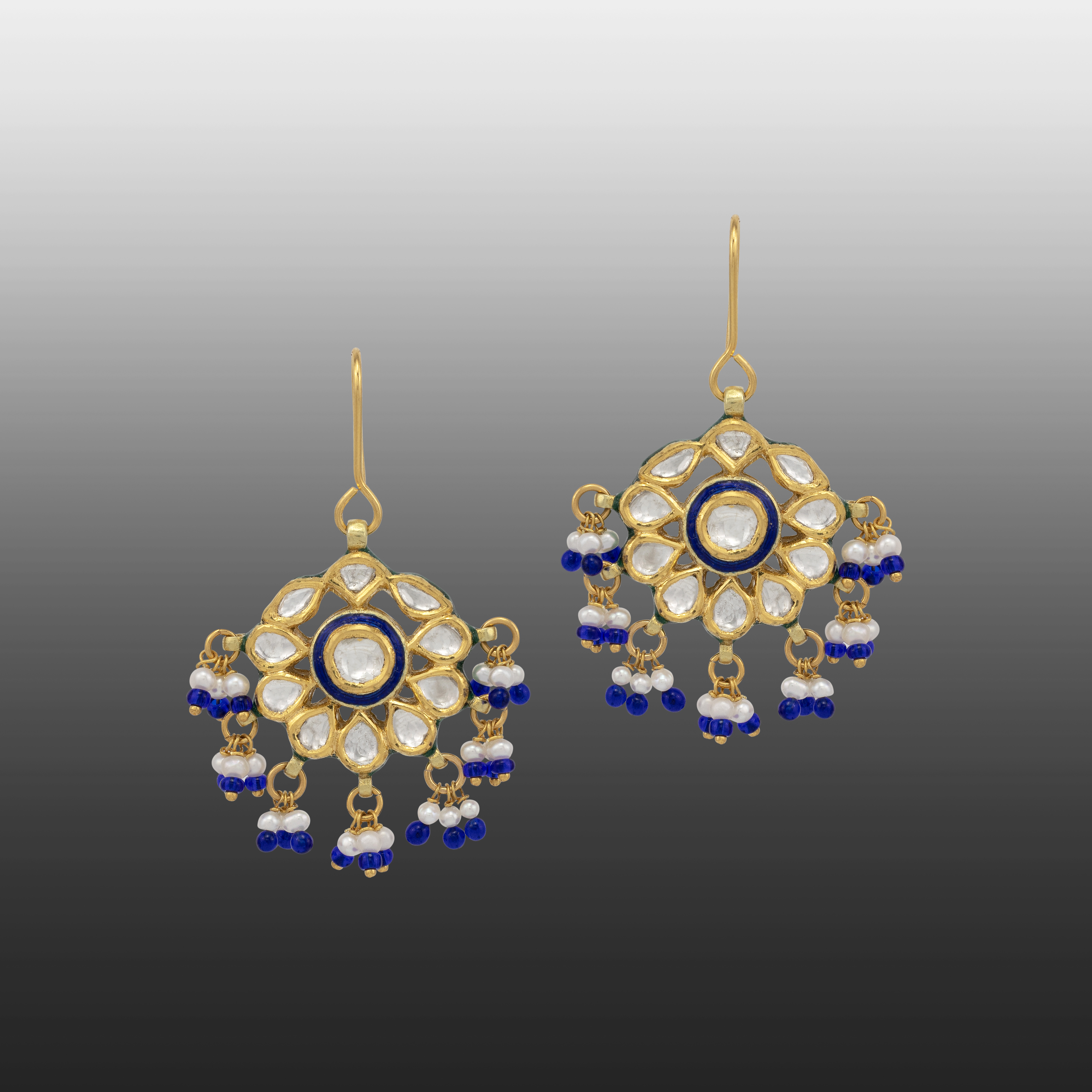 Polki Drop Earrings with Blue Enamel and Pearl Bead Accents